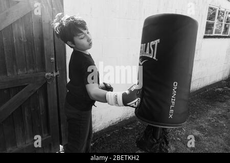 Ein kleiner Junge mit Boxhandschuhen stanzt im Garten einen Boxsack zum Sport.
