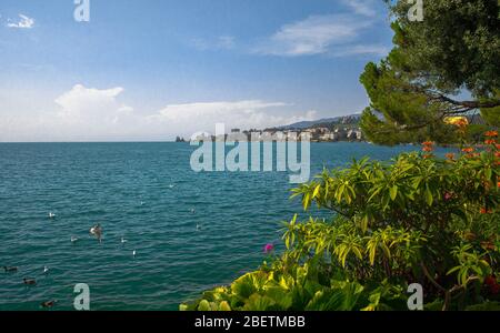 Blumen blühen an der Promenade des Genfer Sees in Montreux, Schweizer Riviera, Kanton Waadt, Schweiz Stockfoto