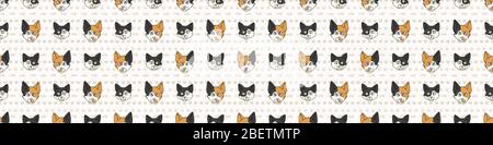 Nette Cartoon japanische Bobtail Katze und Kätzchen Gesicht nahtlose Bordermuster. Ahnentafel Kitty Rasse häusliche Kitty Hintergrund. Katzenliebhaber calico reinrassig Stock Vektor