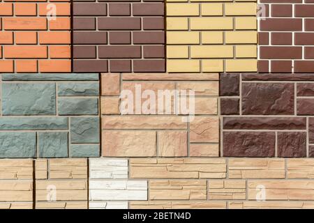 Struktur aus Steinwänden und Ziegeltafeln für Innen- und Außendekoration verschiedene Farben und Größen sind geometrisch angeordnet. Abstrakter Hintergrund Stockfoto