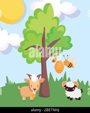 Bauernhof Tiere Ziege RAM und Bienen in den Bienenstock Baum Cartoon Vektor-Illustration Stock Vektor