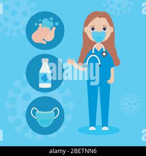 Covid 19 Reinigung preventions und Cartoon junge Ärztin stehend über blauem Hintergrund, buntes Design, Vektor-Illustration Stock Vektor