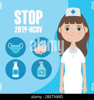 Cartoon Krankenschwester mit der Bedeutung der Reinigung preventions von covid 19 über blauem Hintergrund, buntes Design, Vektor-Illustration Stock Vektor