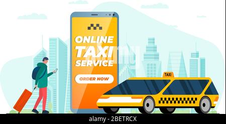 Taxi bestellen Service Konzept. Männlich mit Koffer Gepäck halten Smartphone mit Bestellung App und moderne gelbe Kabine. Online holen taxicab Anwendung flache Vektor eps Illustration Stock Vektor