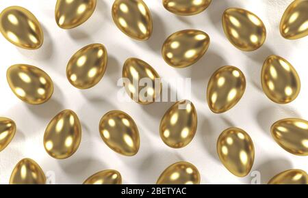 Viele goldene Eier liegen auf einem weißen Tisch. Draufsicht, flaches Lay. 3d-Rendering Stockfoto