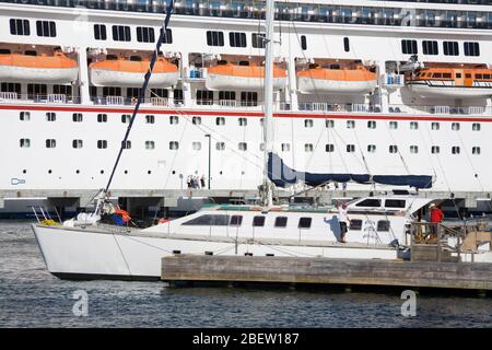 Katamaran & Kreuzfahrtschiff in Mohogany Bay Cruise Center, Roatan Island, Honduras, Mittelamerika Stockfoto