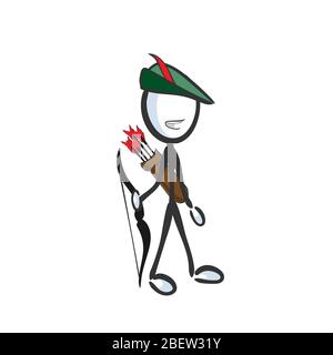 Robin Hood Bogenschütze. Legendenheld. Handgezeichneter Krieger. Stickman Cartoon. Doodle Skizze, Vektor Grafik Illustration Stock Vektor