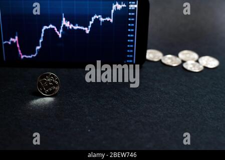 Rubelmünze vor dem Hintergrund des Wachstumsgraphen des Rubel- zum Dollarkurses. Das Konzept der Überwindung der Wirtschaftskrise. Stockfoto