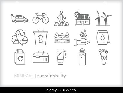 Set von Nachhaltigkeit Linie Symbole für die Verringerung von Abfall, Recycling, umweltfreundlich und die Ausübung einer Erhaltung Lebensstil Stock Vektor