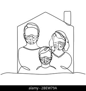 Mädchen, Mann, Kind in einer Schutzmaske, Profilporträt in einer Linie gezeichnet. Familie in Selbstisolierung. Illustration für isolierte Stock-Vektorgrafik Stock Vektor