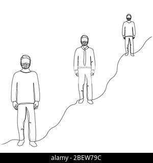 Mann in einer Schutzmaske, Profilporträt in einer Linie gezeichnet. Isolierte Stock Vektor Illustration. Halten Sie Ihre Entfernung Stock Vektor