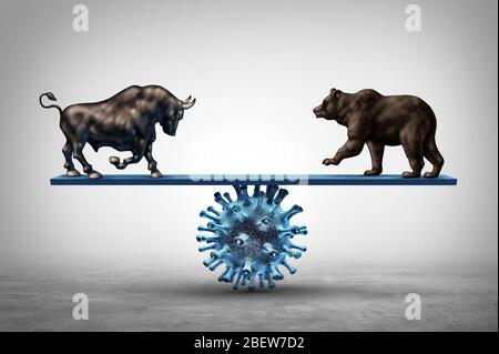 Business See SAW und Krankheit und wirtschaftliche Pandemie Ausbruch und Aktienmarkt Virus Angst oder Bull and Bear Wirtschaft auf einem See SAW-Konzept. Stockfoto