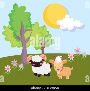 Bauernhof Tiere Ziege RAM Blumen Bäume im Feld Cartoon Vektor-Illustration Stock Vektor