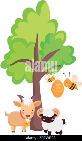 Bauernhof Tiere Ziege RAM und Bienen in den Bienenstock Baum Cartoon Vektor-Illustration Stock Vektor