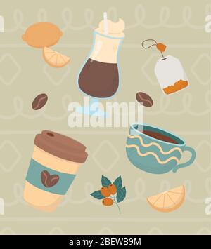 Kaffee Zeit, Kaffee Mokka Tasse zum Mitnehmen Zitrone Tee Beutel Bohnen frisches Getränk Vektor Illustration Stock Vektor