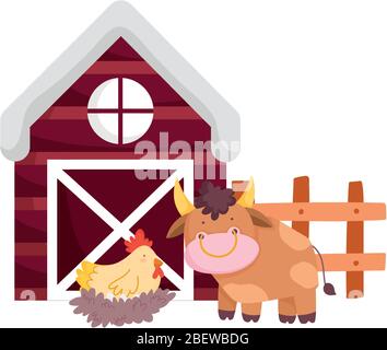 Bauernhof Tiere Stier Henne im Nest Holzzaun Scheune Cartoon Vektor Illustration Stock Vektor