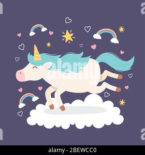 einhorn laufen Wolke Regenbogen Liebe magische Fantasie Cartoon niedlichen Tier Vektor Illustration Stock Vektor