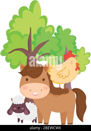 Bauernhof Tiere Pferd Schaf Henne Baum Cartoon isoliert Symbol auf weißem Hintergrund Vektor-Illustration Stock Vektor