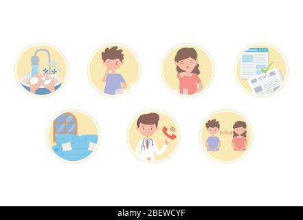 Covid 19 Pandemie Prävention Tipps Schutz Krankheit Verbreitung Symbole Vektor-Illustration Stock Vektor