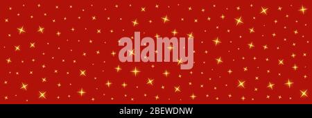 Goldene Funken Sterne leuchten auf rotem Hintergrund. Vorlage für dekorative Dekoration Hintergrund für Banner auf weihnachten, Geburtstag oder Hochzeit Einladungskarten. Leuchtender Stern mit Lichteffekt. Vektorgrafik Stock Vektor