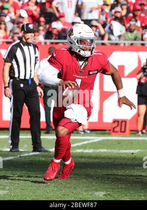 10. November 2019; Tampa, FL USA; Arizona Cardinals Quarterback und erster Gesamtentwurf Pick Kyler Murray (1) rollt aus der Tasche während eines NFL-Spiels. Stockfoto