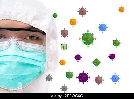 Mann in schützendem PSA-Anzug mit Gesichtsmaske und Brille, Corona-Virus-Konzept Stockfoto