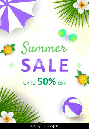 Sommer Sale Banner, heiße Saison Rabatt Poster mit tropischen Blättern, Eis, Wassermelone und Sonnenbrille. Einladung zum Einkaufen mit 50 Prozent Rabatt Stock Vektor