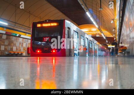 SANTIAGO, CHILE - FEBRUAR 2020: Ein Zug der Metro de Santiago in der Linie 2 Stockfoto