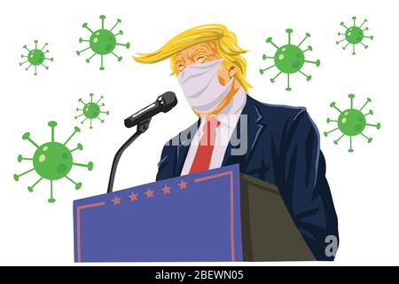 Donald Trump Rede Trägt Anti Corona Virus Coronavirus Covid-19 Kampagne Cartoon Vektor Redaktionelle Illustration. Washington, 16. April 2020 Stock Vektor