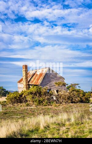 Ein verlassenes, Pionierbauernhaus auf einem Hügel am Tamar River in Tasmanien. Stockfoto