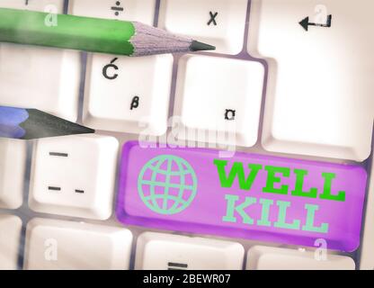 Textschild mit Well Kill. Business Foto Text Operation der Platzierung einer Säule von schweren Flüssigkeit in einer Bohrung Stockfoto