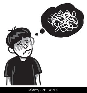 Überdenkender Mann Doodle Ziehen über Coronavirus COVID-19 Pandemic World Health Crisis. Vektorgrafik Stock Vektor