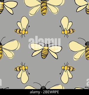 Bienen, die auf grauem Hintergrund herumfliegen, nahtloses Vektormuster Oberflächendesign Honigbienen Stock Vektor