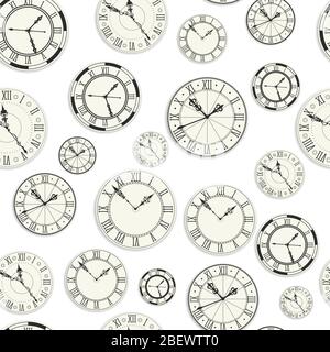 Vintage Uhren, Retro Uhren farblos nahtlose Muster Vektor Stock Vektor