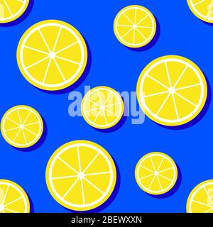 Nahtloses Muster mit Zitronenscheiben auf blauem Hintergrund. Vektorgrafik. Stock Vektor