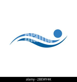 Menschliches Schwimmen Logo, Sonne und Welle Grafik-Logo Vorlage, eine Illustration von Meer und Ozean, isoliert auf weißem Hintergrund. Stock Vektor