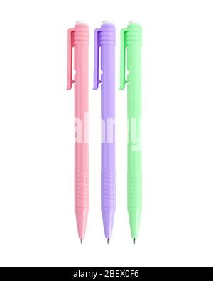 Pastellfarbener Kugelschreiber aus Kunststoff isoliert auf weiß Stockfoto