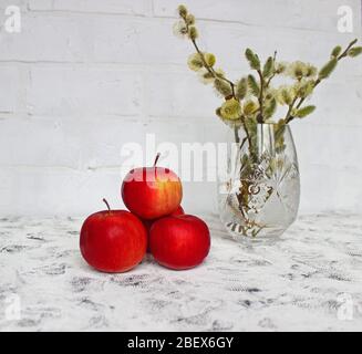 Bio-Kompositionsäpfel mit Weidenzweig. Mehrere reife rote Äpfel liegen auf einem weißen Tisch neben einer Kristallvase mit Weide Stockfoto