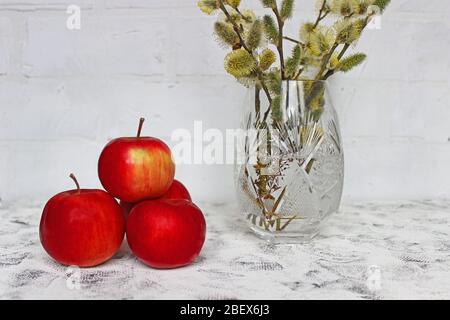 Bio-Kompositionsäpfel mit Weidenzweig. Mehrere reife rote Äpfel liegen auf einem weißen Tisch neben einer Kristallvase mit Weide Stockfoto