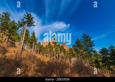 Weitwinkel Blick auf den schönen Wald in der historischen Belogradchik Festung , Nordwest Bulgarien, Balkan-Gebirge umgeben Stockfoto