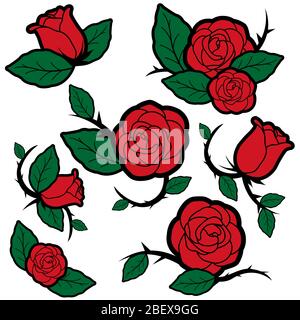 Illustration Set von Tattoo-Stil Rosen und Knospen. Stockfoto