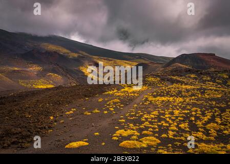 Dramatischer Himmel über der wunderschönen Landschaft des Ätna, Sizilien - der höchste aktive Vulkan in Europa Stockfoto