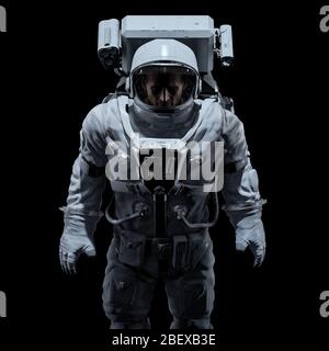 Dark Astronaut Portrait / 3D-Illustration von männlichen Science Fiction modily beleuchteten Astronauten isoliert auf schwarzem Hintergrund Stockfoto