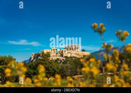Unglaubliche Aussicht auf die griechische Akropolis im Frühling, aufgenommen vom archäologischen Park in Athen, Griechenland Stockfoto