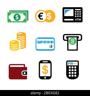 Geld, Geldautomaten - Geldautomaten Vektor-Icons Set - Bank-, Einzelhandel und Finanzen Design Stock Vektor