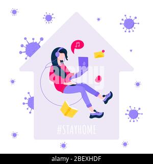 Zu Hause bleiben Hashtag Social Media Flashmob zu verhindern Verbreitung Coronavirus Konzept flaches Design Vektor Illustration. Bleiben Sie zu Hause, arbeiten Sie zu Hause und sein Stock Vektor