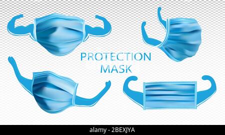 Sammlung von Schutz medizinische Maske. 3D realistische Maske aus verschiedenen Winkeln isoliert auf transparentem Hintergrund. Weltweite Pandemie. Vektorgrafik. Stock Vektor