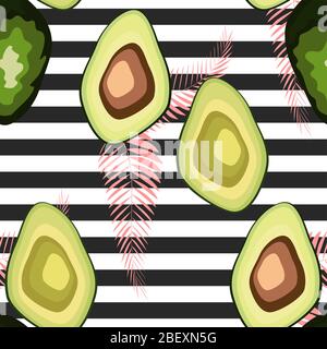 Nahtlose Muster von Avocado Früchte mit Palm Blätter auf einen gestreiften Hintergrund. Stock Vektor