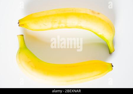 Zwei ganze Bananen an gegenüberliegenden Enden vor einem schlichten weißen Hintergrund gelegt Stockfoto