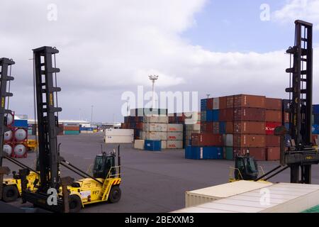 Häfen von Auckland, Neuseeland. Frachtcontainer und erreichen Staplerfahrzeuge Stockfoto